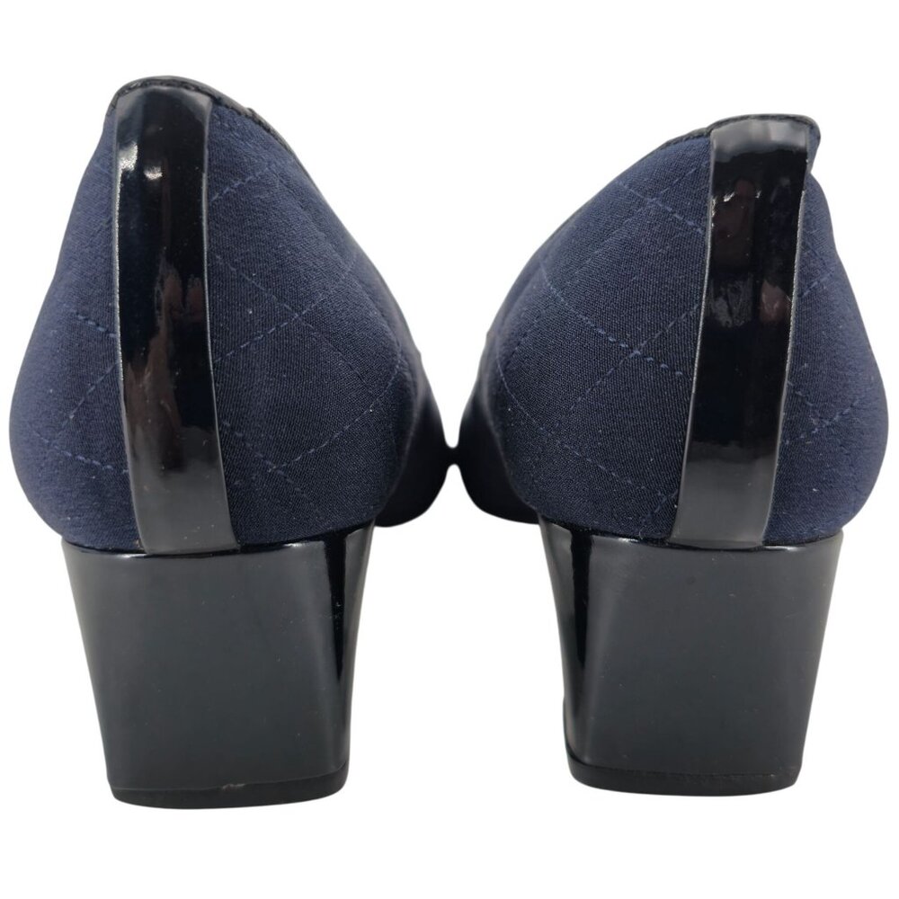 Stuart Weitzman 8.5AAAA Navy Crepe Fabric Black Leather Dress Bow Heels Womens - Picture 7 of 15